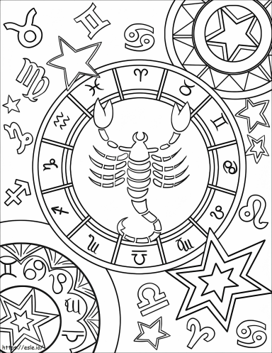 Dibujo de un escorpio en medio de símbolos zodiacales y estrellas.