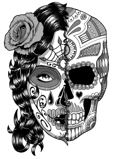 Una calavera decorativa con rosas y elementos artísticos en un lado femenino.