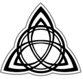 Símbolo de un triskel o triángulo entrelazado en negro y blanco.