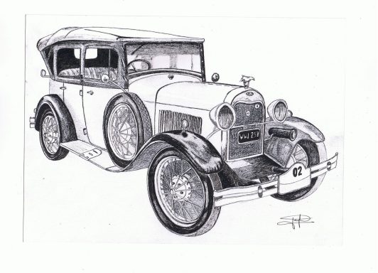 Dibujo de un coche antiguo de 1920, con detalles en blanco y negro.