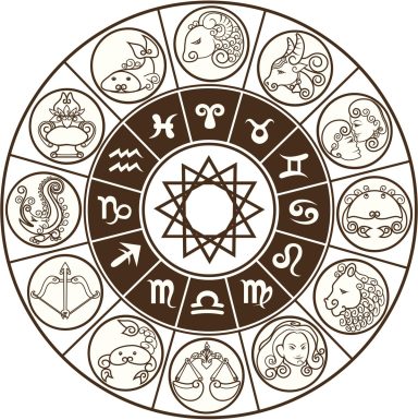 Rueda del zodiaco con los doce signos y un símbolo central.