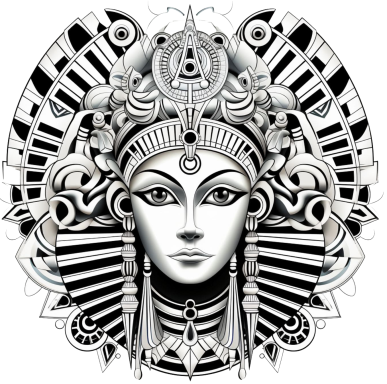 Rostro femenino estilizado con detalles geométricos en blanco y negro.