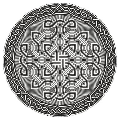 Diseño circular en tonos grises con un patrón de nudos celtas entrelazados.