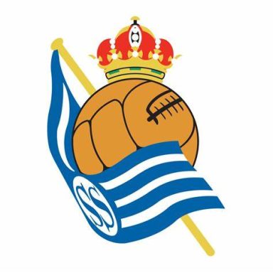 Escudo de la Real Sociedad, con una pelota y una bandera en tonos azul y blanco.