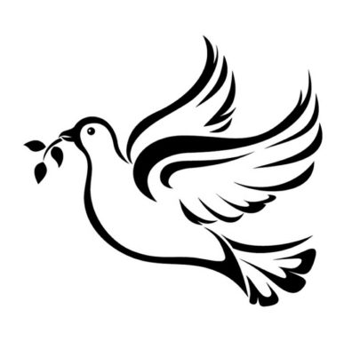 Paloma negra volando con una rama de olivo en el pico.