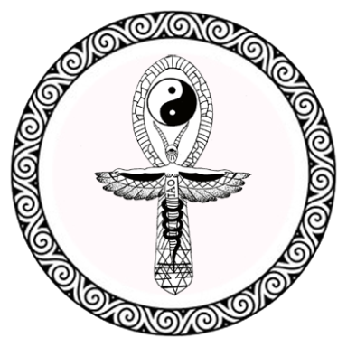 Símbolo que combina el ankh, yin y yang, con un diseño decorativo en el borde.