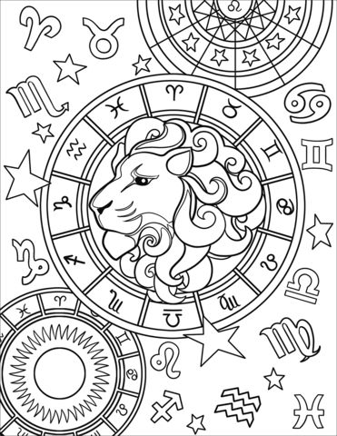 León del zodiaco en un diseño de color blanco y negro con símbolos astrológicos.