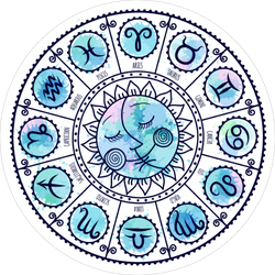 Símbolos zodiacales en un círculo con astros y un diseño decorativo.