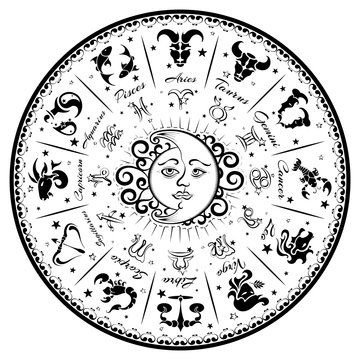 Rueda zodiacal en blanco y negro con signos del zodiaco y una luna en el centro.