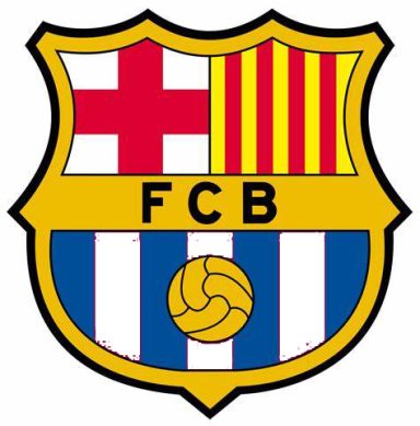 Escudo del FC Barcelona, con franjas rojas y amarillas y balón en la parte inferior.