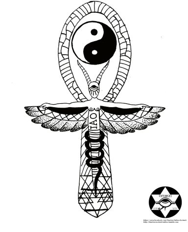 Símbolo que combina el ankh, yin-yang y un caduceo, representando la vida y el equilibrio.