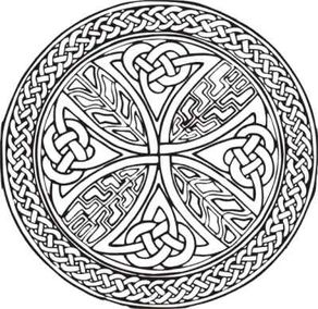  diseño circular con trenzas celtas y hojas en cuatro secciones simétricas.
