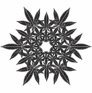 Diseño mandálico de hojas de marihuana en tonos negros sobre fondo blanco.