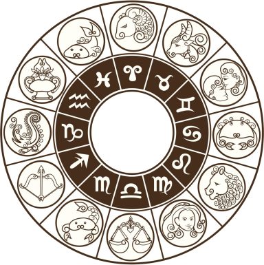 Rueda zodiacal con signos astrológicos en un diseño circular.