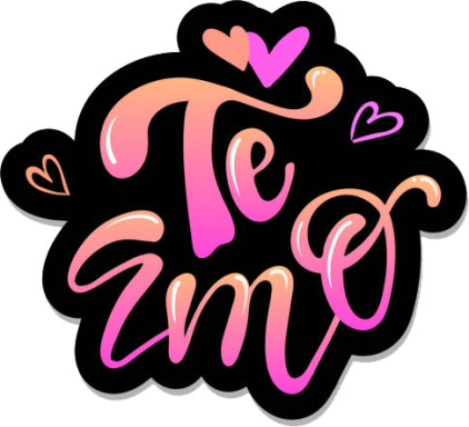 Texto decorativo que dice "Te amo" con corazones en tonos rosados y fondo negro.