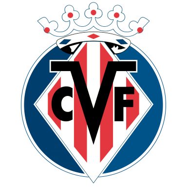 Logotipo del Villarreal CF con un escudo azul, rojo y blanco, coronado en la parte superior.