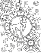 Dibujo en blanco y negro de zodiac con símbolos astrológicos y el signo de Aries.