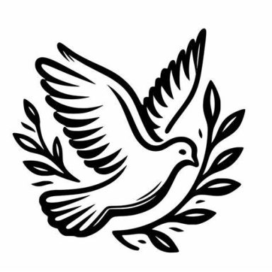 Paloma volando rodeada de ramas verdes.