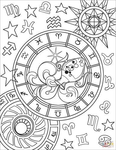 Dibujo para colorear con símbolos zodiacales y un fondo de constelaciones.