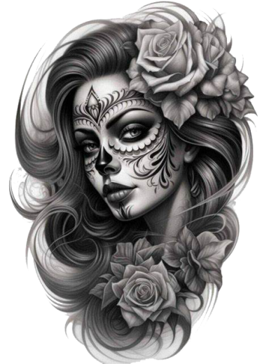 Mujer con rostro pintado al estilo Día de los Muertos, rodeada de rosas.