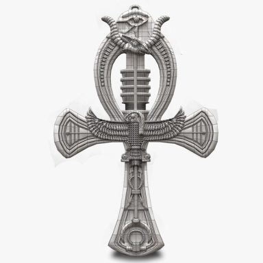 Cruz con detalles ornamentales y motivos simbólicos, en color plata.