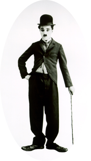 Personaje cómico vestido de chaqueta, pantalones largos, sombrero y bastón.