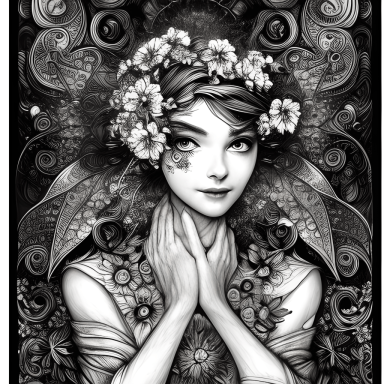 Mujer con flores en el cabello y fondo decorativo de hojas y patrones.