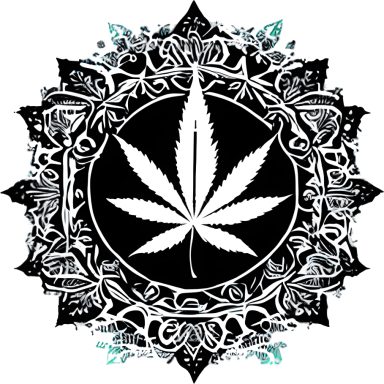 Hoja de cannabis en el centro, rodeada de un diseño ornamental negro y blanco.