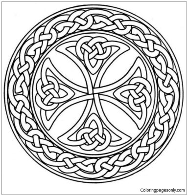 Diseño circular de un patrón celta con nudos entrelazados y una cruz central.