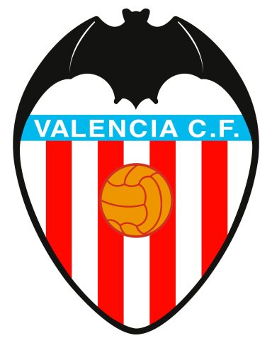 Escudo del Valencia C.F. con rayas rojas y blancas y un murciélago en la parte superior.