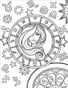 Dibujo en blanco y negro de una mujer rodeada de símbolos del zodiaco.