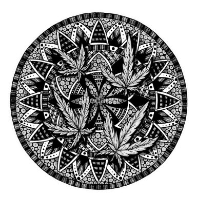 Mandala en blanco y negro con hojas de cannabis y patrones geométricos.