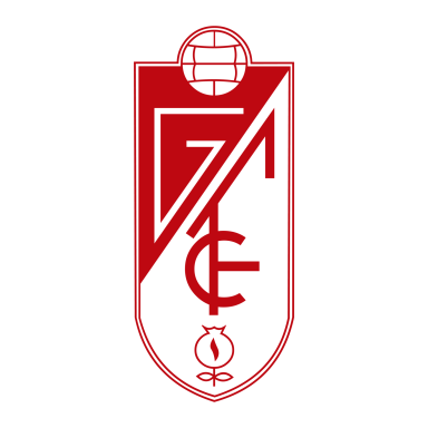 Escudo del Granada CF, en rojo y blanco, con un balón en la parte superior.