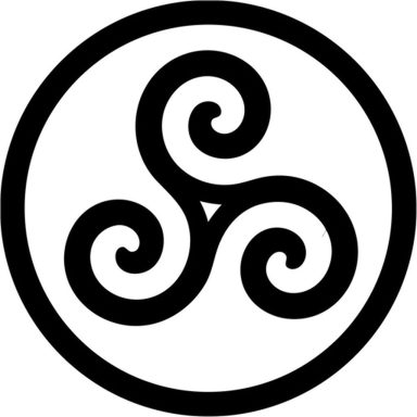 Símbolo en negro con tres espirales dentro de un círculo.