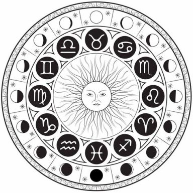 Rueda astrológica con símbolos zodiacales y un sol en el centro.