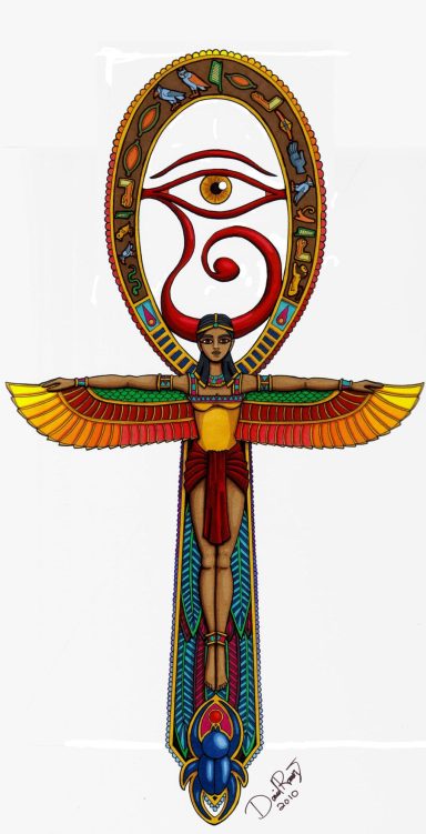 Ankh con alas y un ojo en el centro, decorado con colores vibrantes y símbolos egipcios.