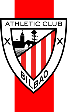 Escudo del Athletic Club de Bilbao, con franjas rojas y blancas y elementos gráficos.