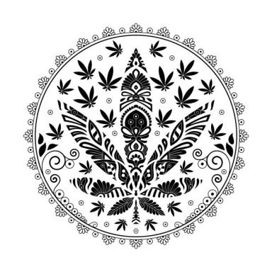 Diseño circular en blanco y negro con hojas de cannabis y motivos decorativos.