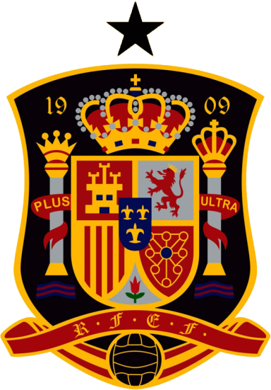 Escudo de la selección española de fútbol con corona, león y balón.
