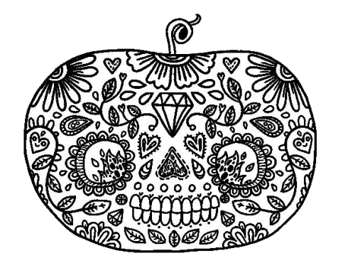 Calavera decorada en forma de calabaza con flores y corazones.