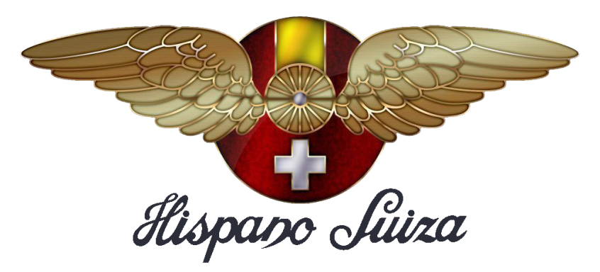 Logotipo de Hispano Suiza con alas doradas y bandera de España sobre un fondo rojo.