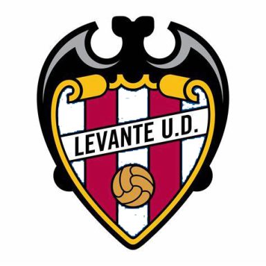 Escudo del Levante U.D., con franjas rojas y azules y un balón de fútbol en el centro.