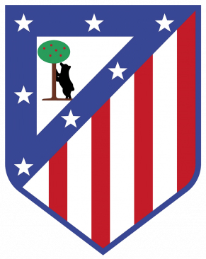 Escudo del Atlético de Madrid, con rayas rojas y blancas y un oso junto a un árbol.