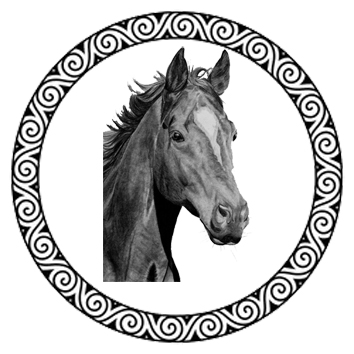 Cabeza de un caballo en blanco y negro rodeada de un marco decorativo.
