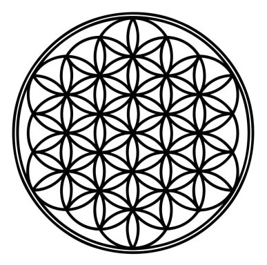 Diseño en blanco y negro con un patrón de flores de vida en forma circular.