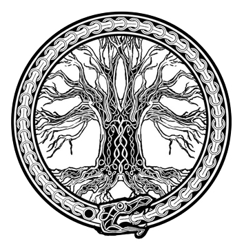 Un árbol intrincado con raíces entrelazadas, rodeado de una serpiente en círculo.