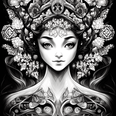 Retrato en blanco y negro de una mujer con adornos florales y detalles artísticos.