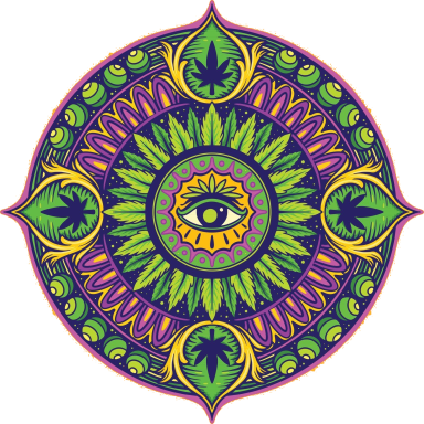 Mandala colorido con un ojo en el centro rodeado de patrones y formas simétricas.