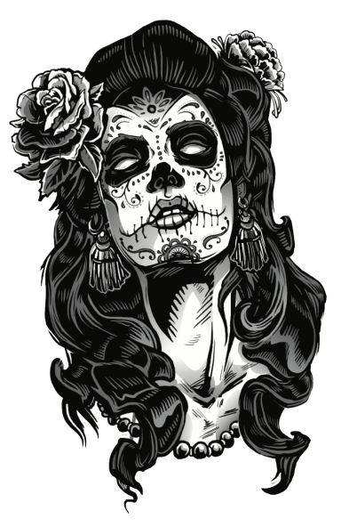 Retrato en blanco y negro de una mujer esquelética con flores en el cabello.