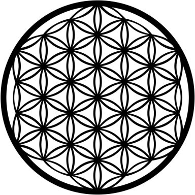 Patrón circular con flores de vida interconectadas en negro sobre fondo blanco.